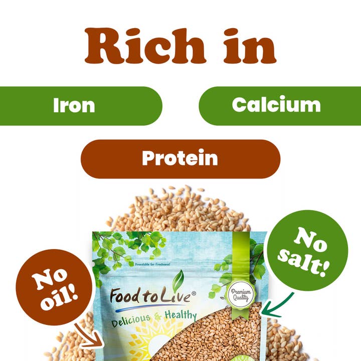 Food To Live - Wholesale Seeds/Kernels - Toasted Hulled Sesame Seeds - Crunchy and Nutritious Snack, Oven Roasted, Unsalted, No Oil Added, Perfect for Cooking, Baking, Smoothies and Salads, Vegan, Kosher, Bulk - by Food to Live5