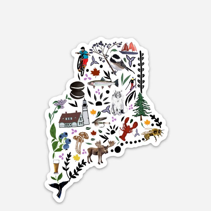 Artsy Em - Wholesale Sticker - Maine Icons Vinyl Sticker – State Shape with Symbols