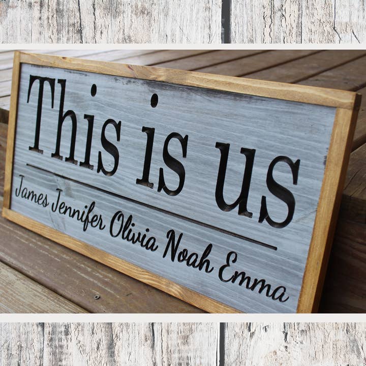 Personalized "This is Us" Carved Wooden Sign - Custom with Names for wholesale by Rustic Brook Farm