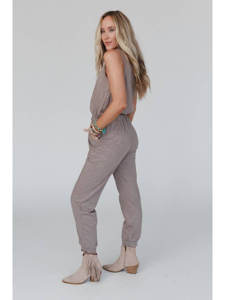 Set to Go Textured Jumpsuit And Cardigan Set - Mocha for wholesale on Faire