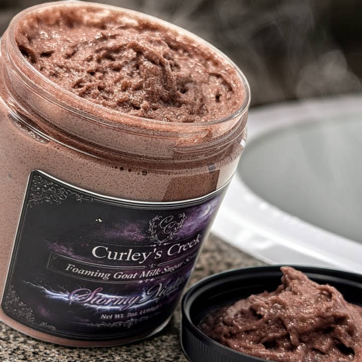 🌩️ Stormy Nights | Foaming Goat Milk Sugar Scrub | Exfoliating Skincare | Dark Floral & Patchouli | Curley’s Creek for wholesale by Curley's Creek