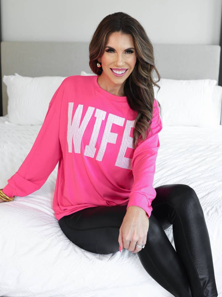 Wife Embroidered Ribbed Pullover for wholesale by Jess Lea