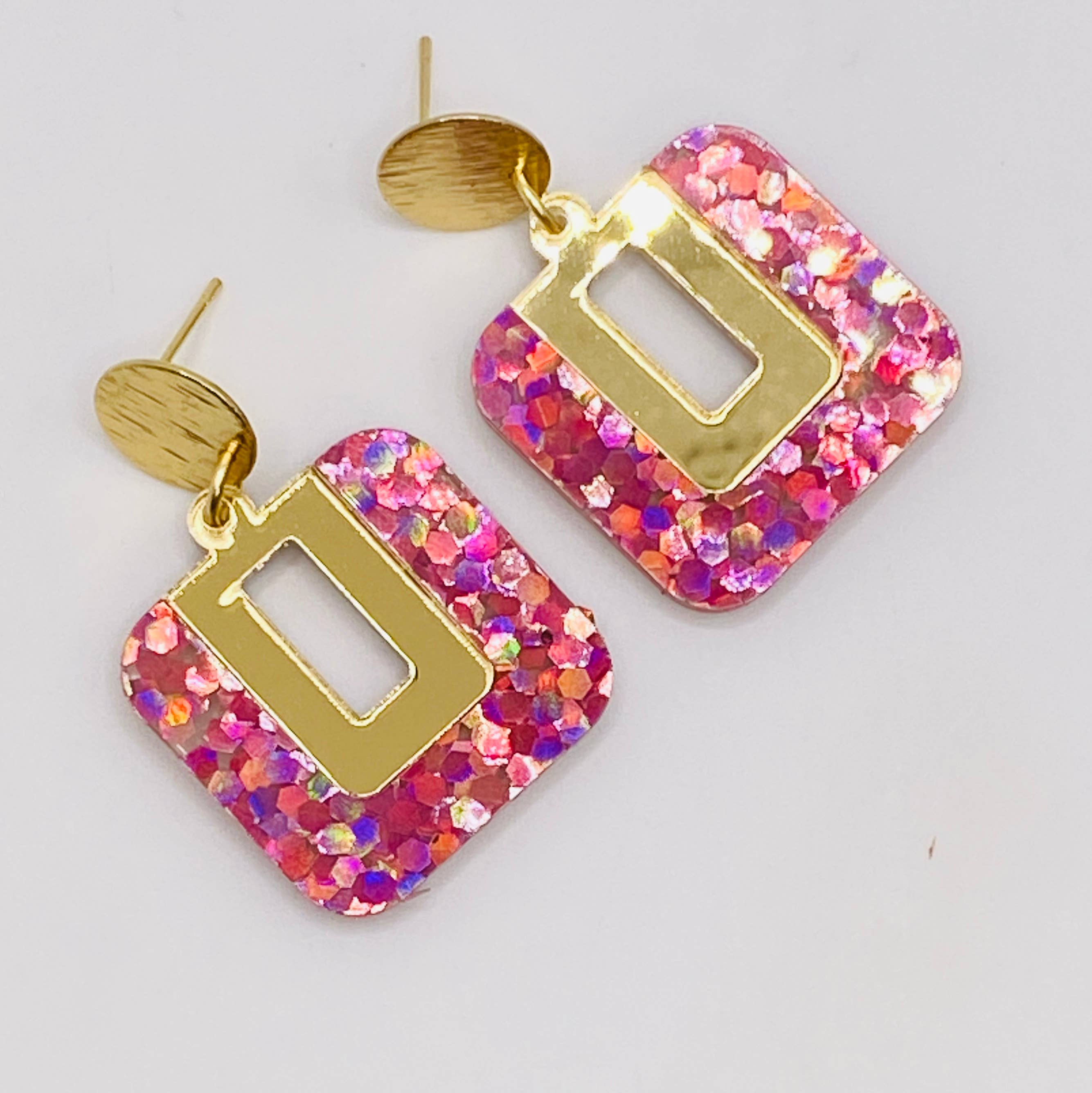 Sandy Lou Designs - Wholesale Dangle Earrings - BE SQUARE PINK HOLOGRAPHIC GLITTER AND GOLD EARRING 1