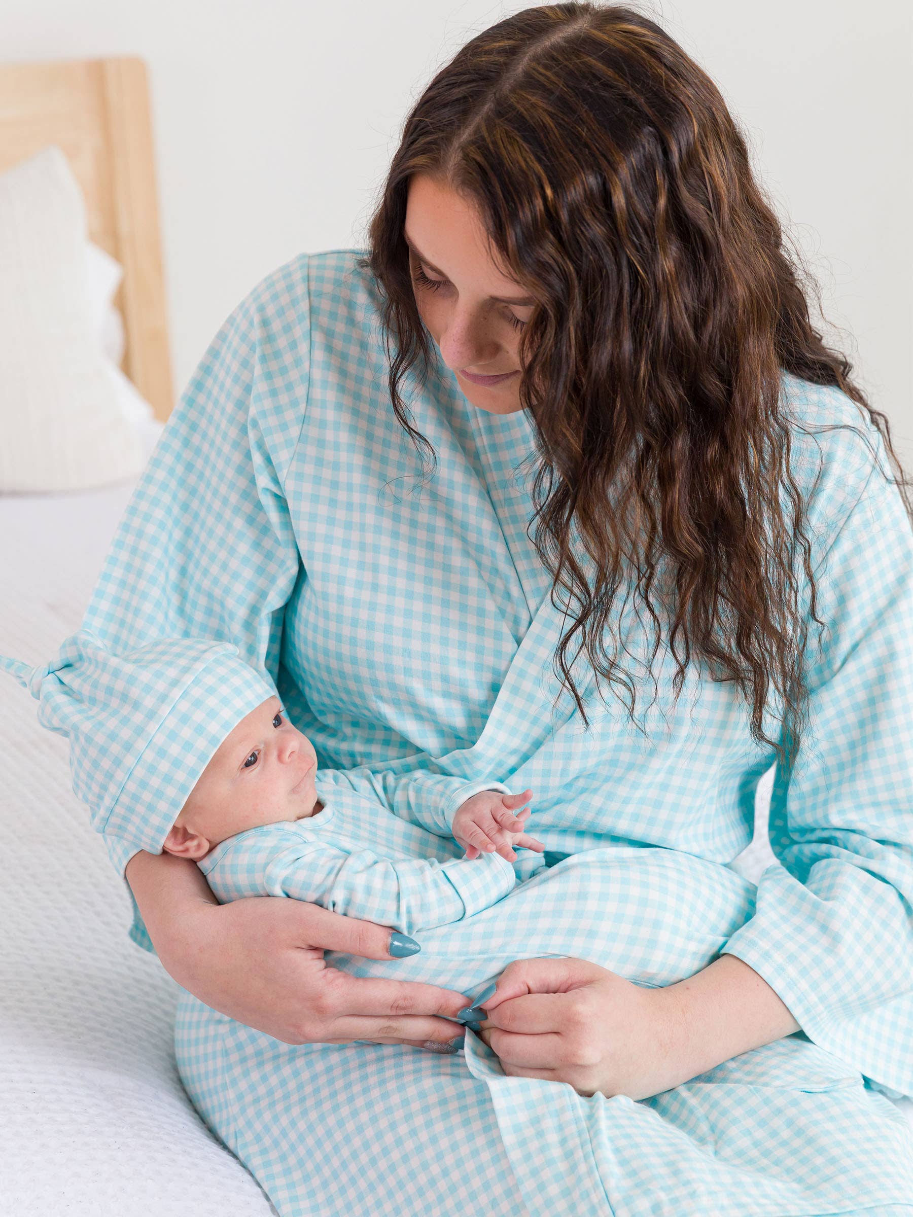 SoftSnooze™ Baby Cotton Modal Blue Breeze Gingham Knotted Sleep Gown & Hat Set for wholesale on Faire3