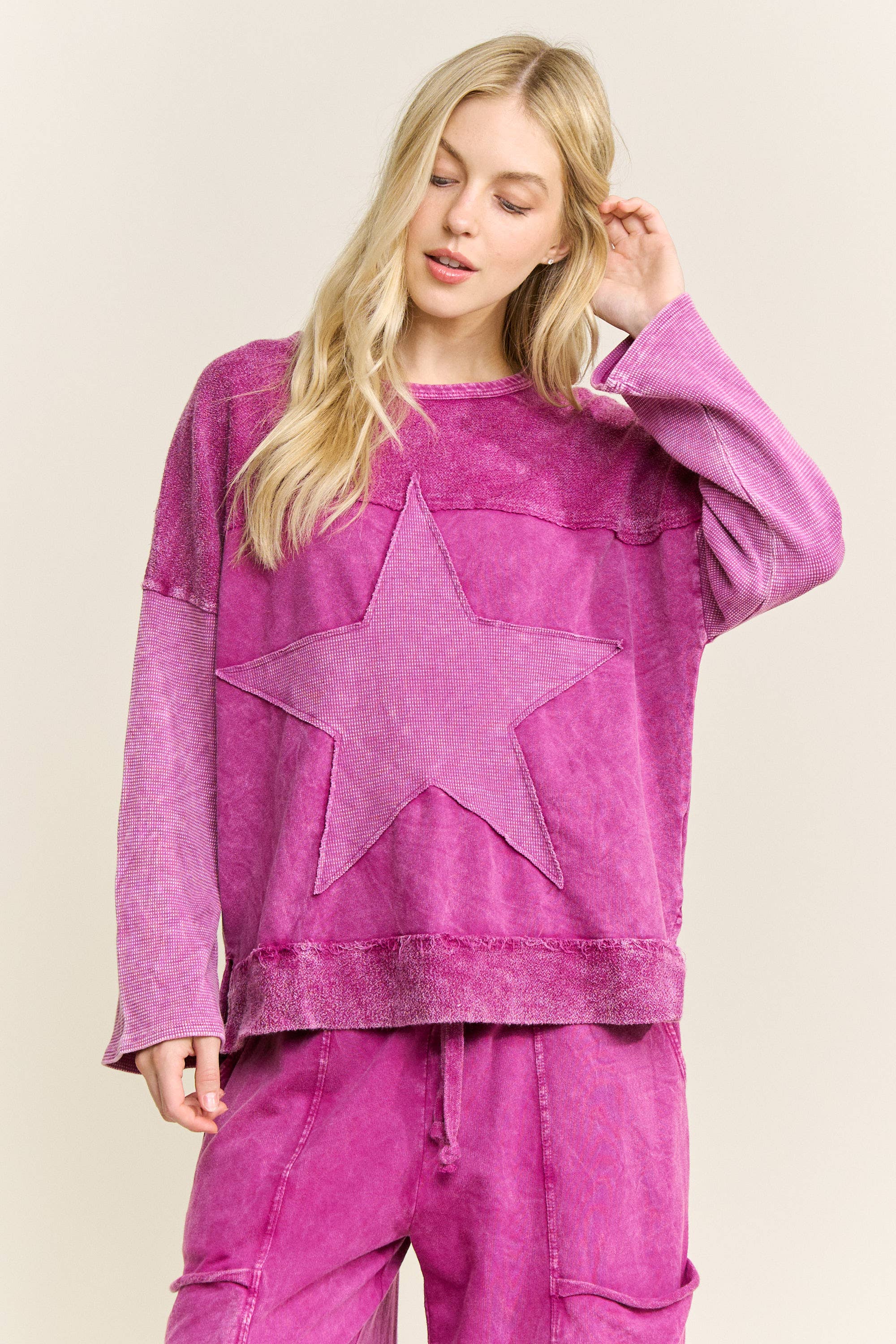 J.Her - Wholesale Sweatshirt - Women's - MineralWashed Star Terry Thermal Sweatshirt top HT66470