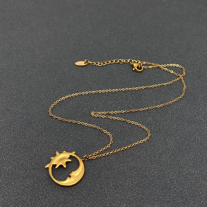 Mio Queena - Wholesale Pendant/Charm Necklace - Gemstone Star Moon 18K Gold Plated SS Necklace - FGS/MS