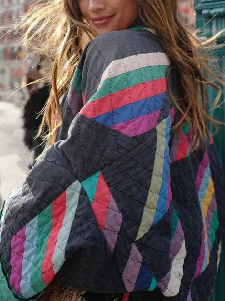 Green CWOCO0899_FASHION PRINT PATCHWORK LONG-SLEEVED COAT for wholesale on Faire1