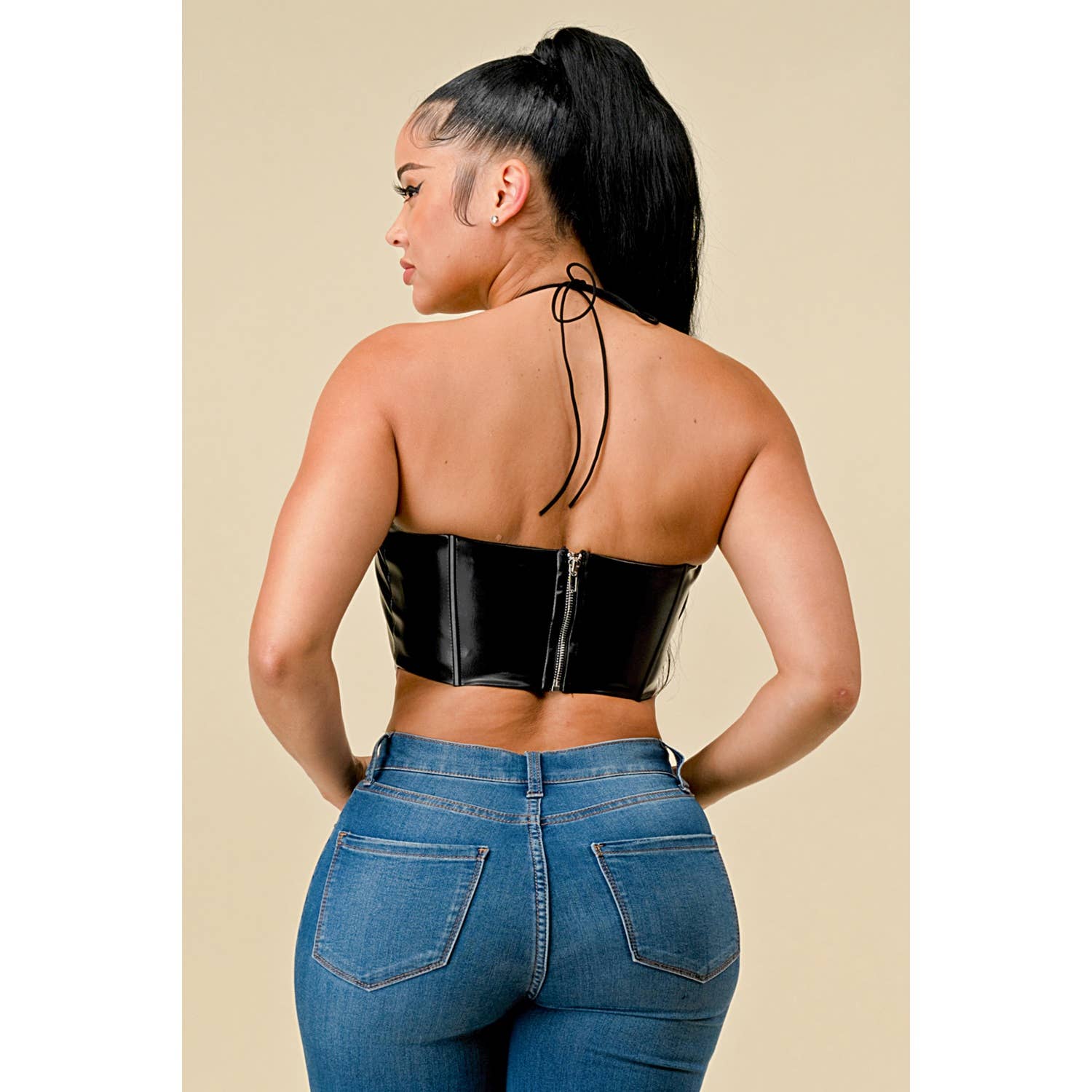 Miss 8 - Wholesale Tank Top - Women's - PU Corset Bustier Crop top with fold Detail2