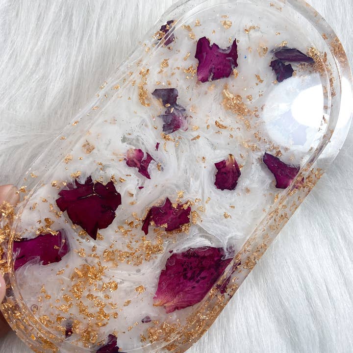 KraftzbyKenzie - Wholesale Jewellery dish - Rose Petal Trinket Trays, White Swirls, Gold Foil, Red Roses7