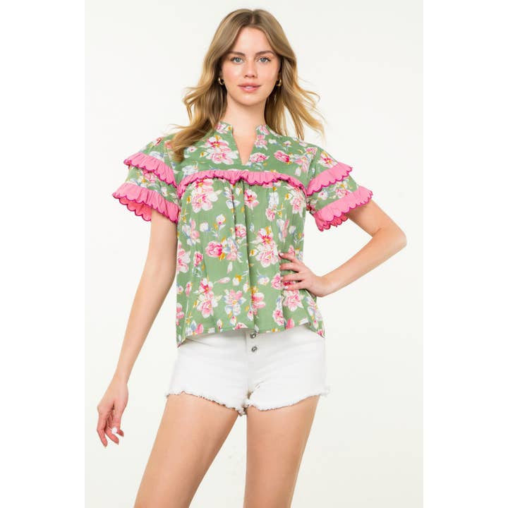 SAGE Ruffle Trim Floral Short Sleeve Top for wholesale on Faire