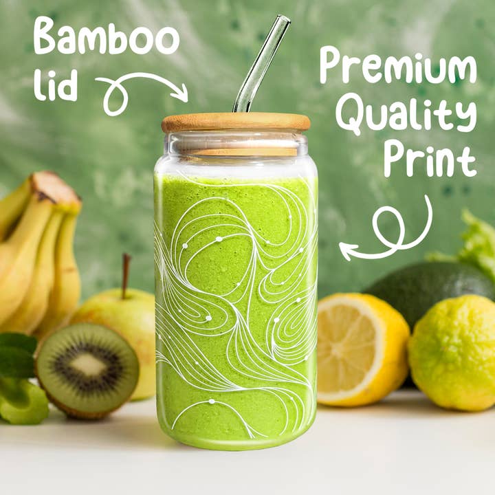 Ecruz LLC - Wholesale Drinking Glass/Cup - 16oz Glass Can with Bamboo Lid and Straw, Glass Tumbler