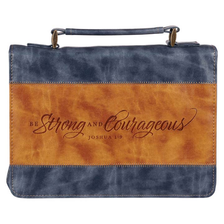 Bible Cover Classic Navy/Brown Strong & Courageous Josh. 1:9 for wholesale by Christian Art Gifts