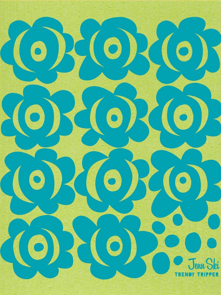 Jenn Ski Swedish Dishcloth - BLOMMOR Flowers Turq on Apple for wholesale by Trendy Tripper