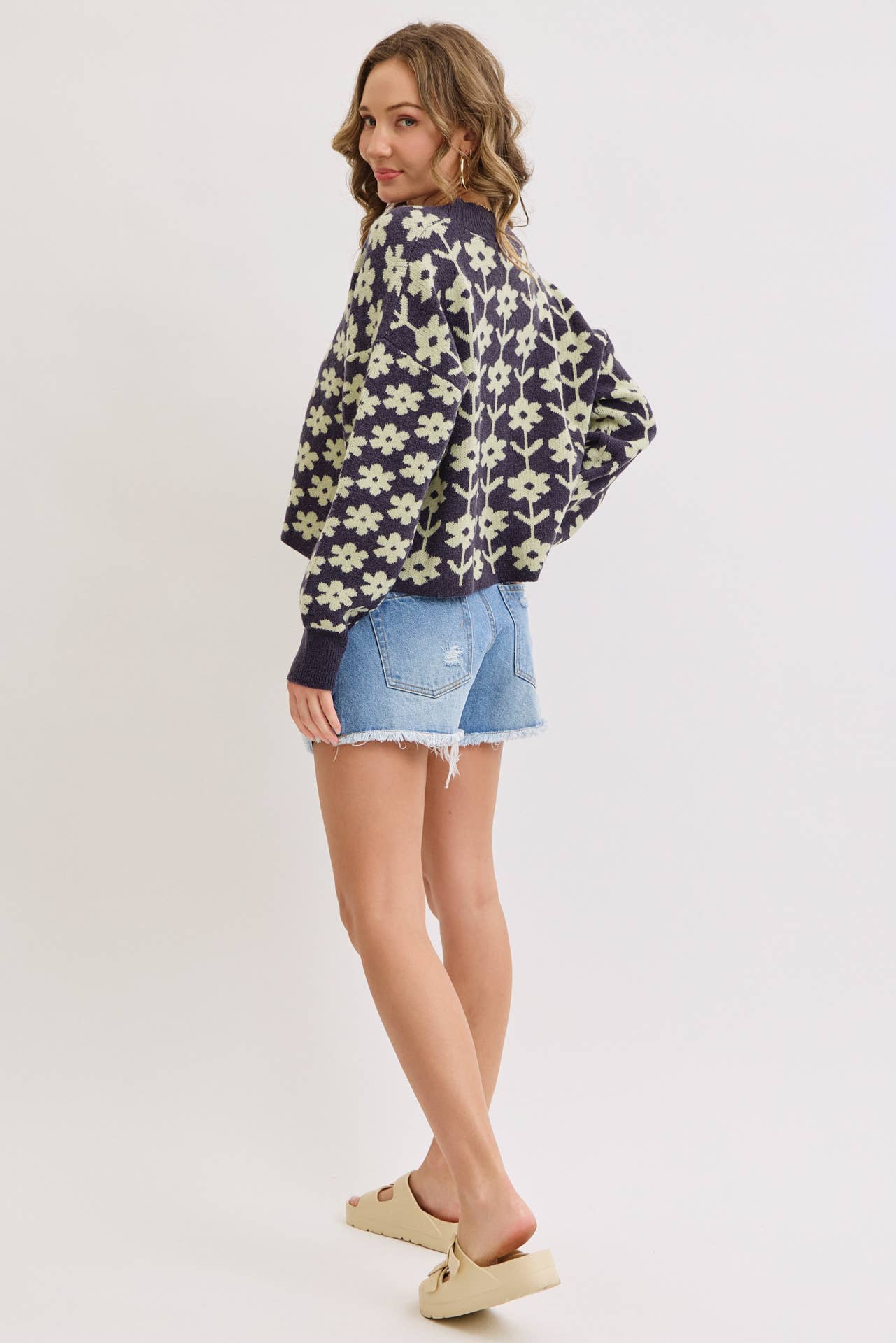 NAVY COZY PLAYFUL CASUAL FLORAL PRINT SWEATER KNIT CARDIGAN for wholesale on Faire13