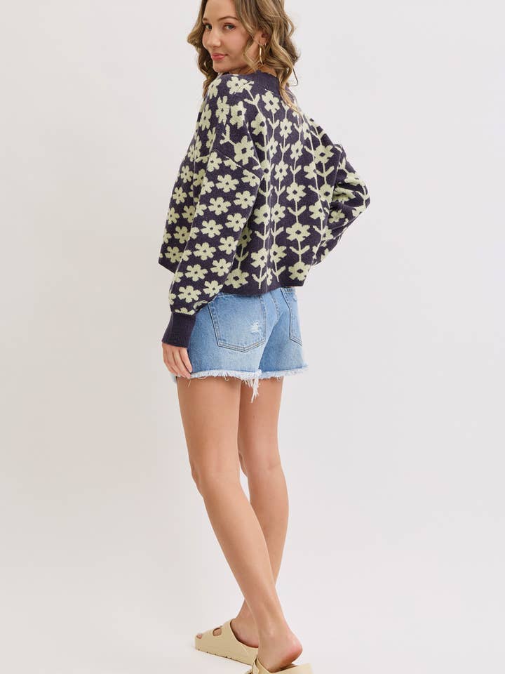 NAVY COZY PLAYFUL CASUAL FLORAL PRINT SWEATER KNIT CARDIGAN for wholesale on Faire13