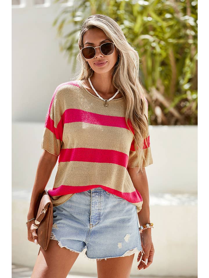 Pink LDC Stripe Colorblock Short Sleeve Crew Neck Sweater for wholesale on Faire