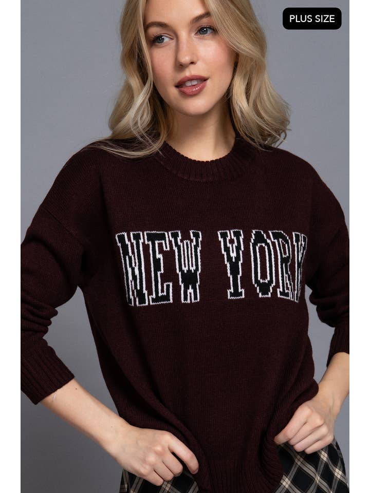 Active Basic | Active USA - Wholesale Knit Sweater - Women's - Long Sleeve Crew Neck "NEW YORK" Lettering Sweater Top11