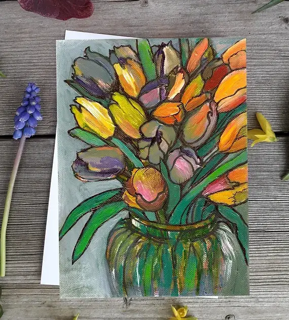 Plant Based Paintings - Wholesale Everyday Greeting Card - Tulips in Glass Vase - A6 Greetings Card2