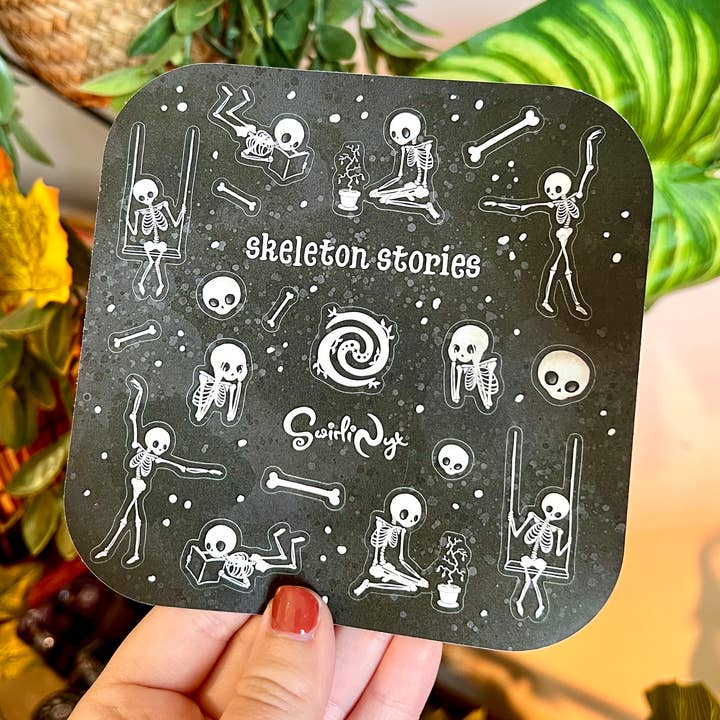 White Skeleton Stories Familiars Sticker Sheet for wholesale by SwirliNyx