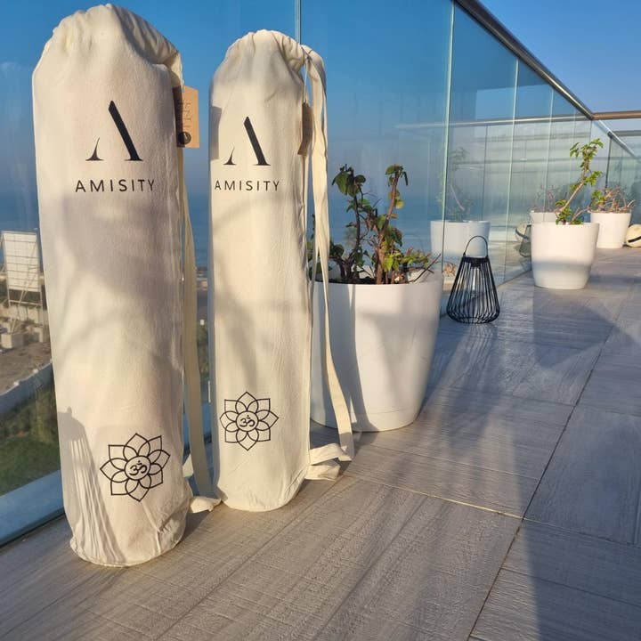 Canvas Eco Friendly Yoga Mat Bag, 100% Cotton Eco-Friendly Natural Double Shoulder Straps Bag, Yoga Mat Bag UK, Om Symbol Logo for wholesale by Amisity Ltd