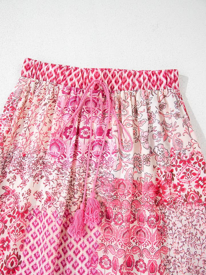 Red Boho Pattern Print Tassel Drawstring High Waist Maxi Dress for wholesale on Faire