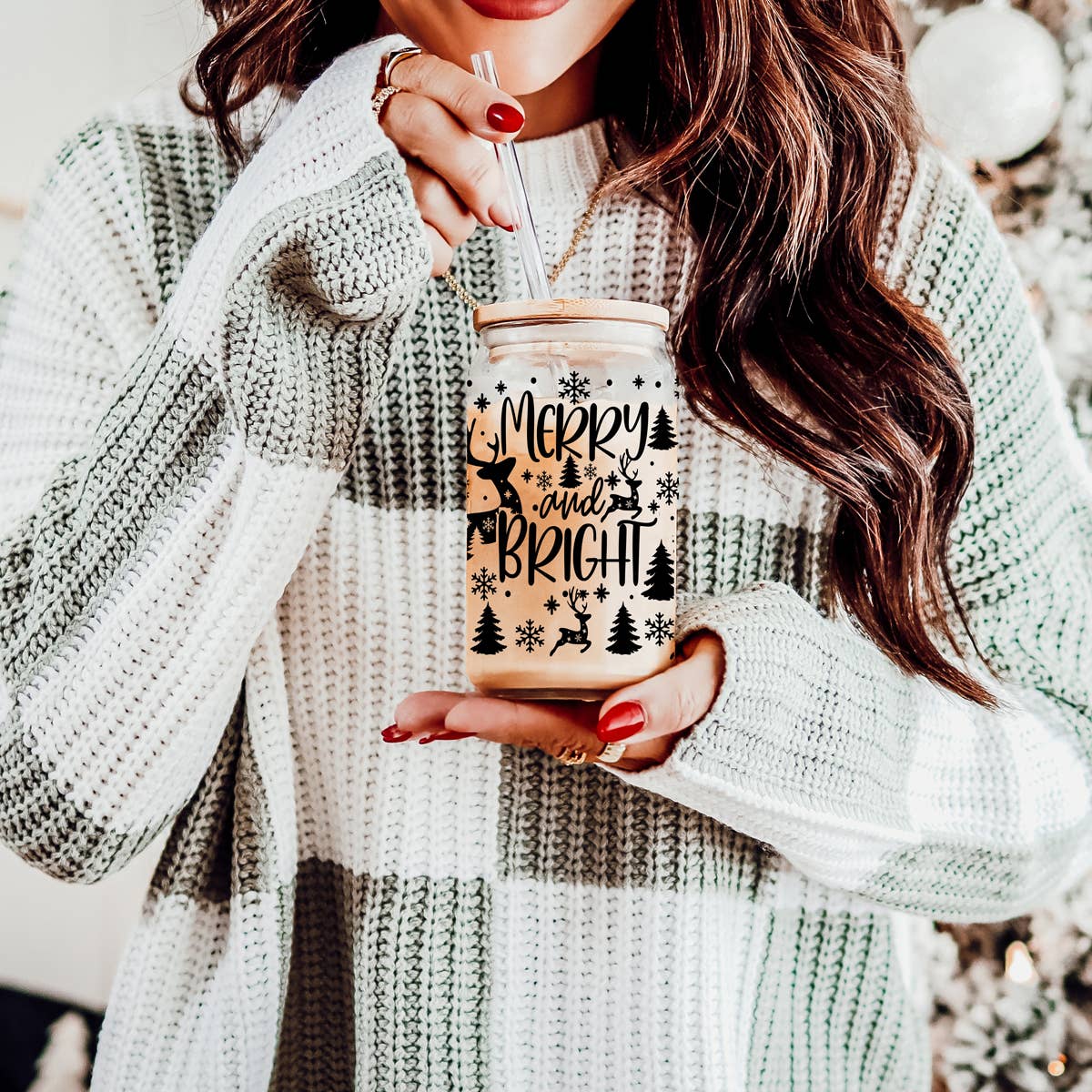 Gia Roma - Wholesale Drinking Glass/Cup - Candy Cane Christmas Can Glass. Cup With Glass Straw & Lid58