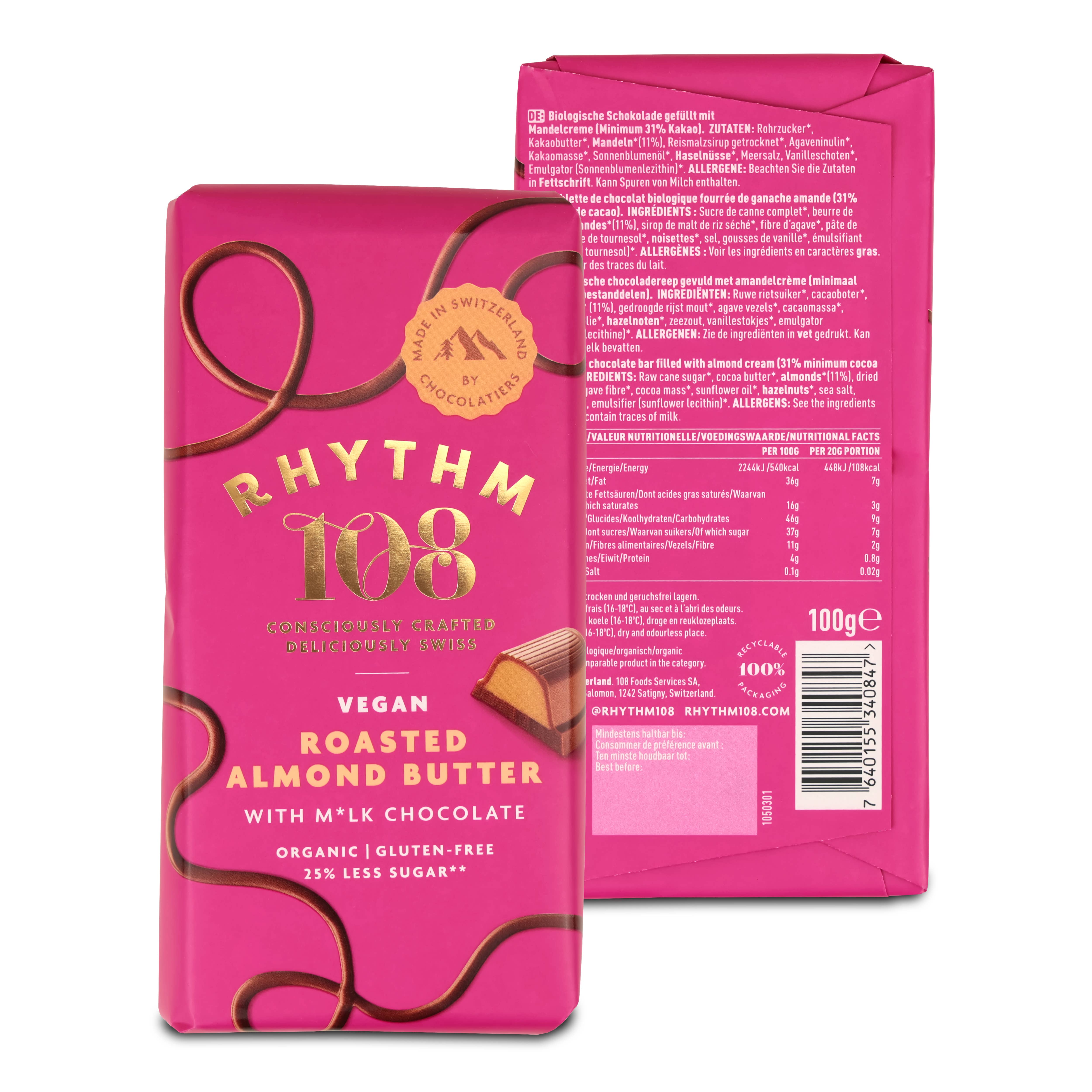 Rhythm108 - Vente Barre chocolatée - Barre de chocolat vegan au lait végétal avec beurre d’amande grillée 100 g5