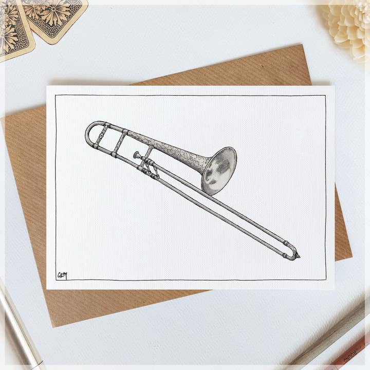 Trombone Everyday Greeting Card by Avi Gray for wholesale by Erlenmeyer