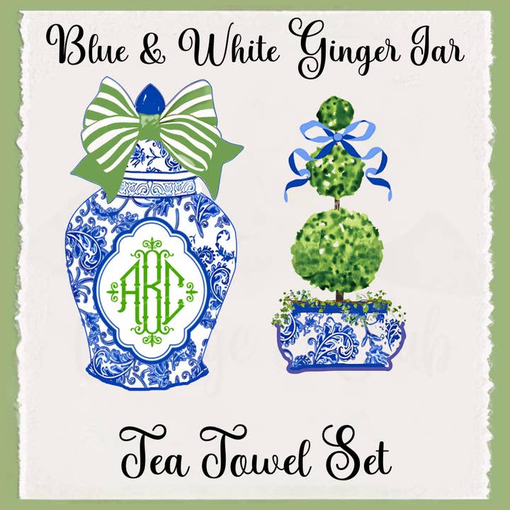 Cottage & Club - Wholesale Tea Towel - Blue & White Ginger Jar Topiary Tea Towel Set - Grand Millennial Decor - French Country - Cottage Core1