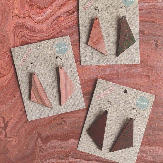 Reversible Triangle Recycled Paper Earrings - Light Brown / Brown & Green for wholesale by Kami-so