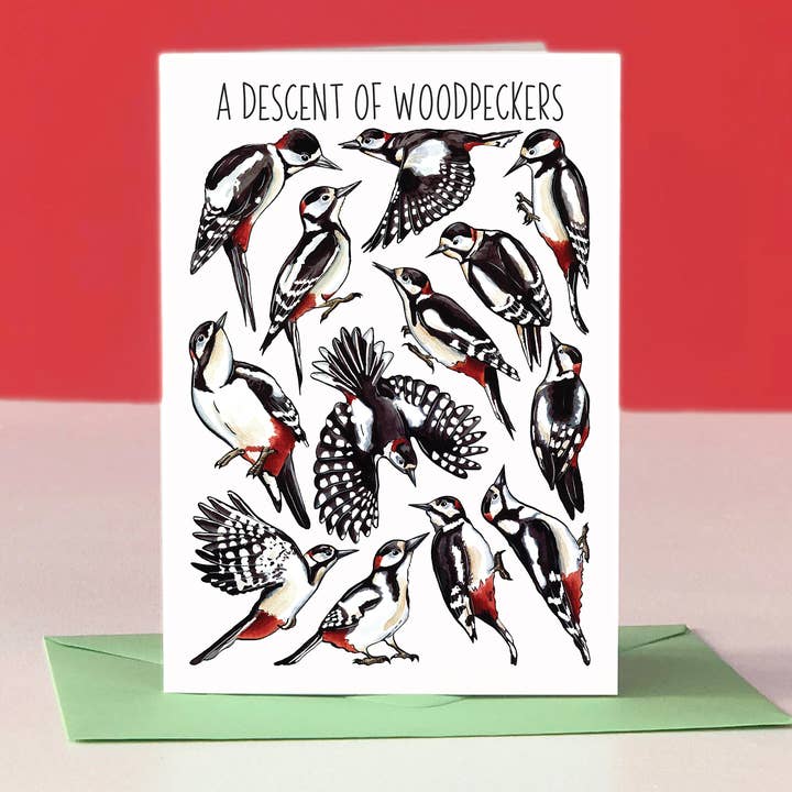 A Descent of Woodpeckers Art Blank Greeting Card for wholesale by Alexia Claire Ltd