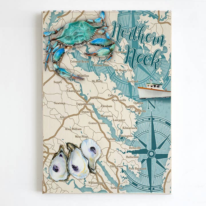 Northern Neck, VA 11 "x 16" Wood Plank Map-Ocean Life for wholesale by Map Mom