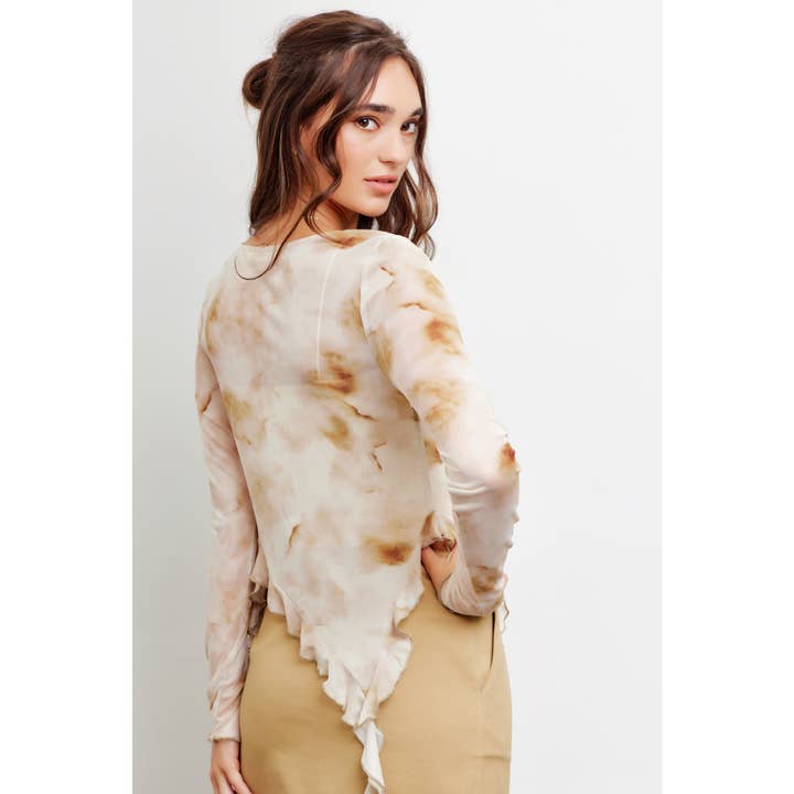 idem ditto - Wholesale Blouse - Women's - HIGH NECK TIE DYE MESH TOP WITH UNEVEN RUFFLED HEM