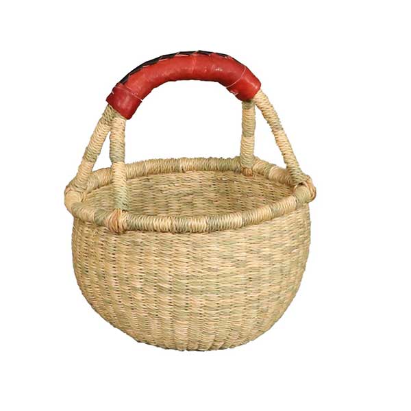 African Market Baskets - Wholesale Basket - African Bolga Baskets : Nat. Mini Round w/Leather (G-149AN)