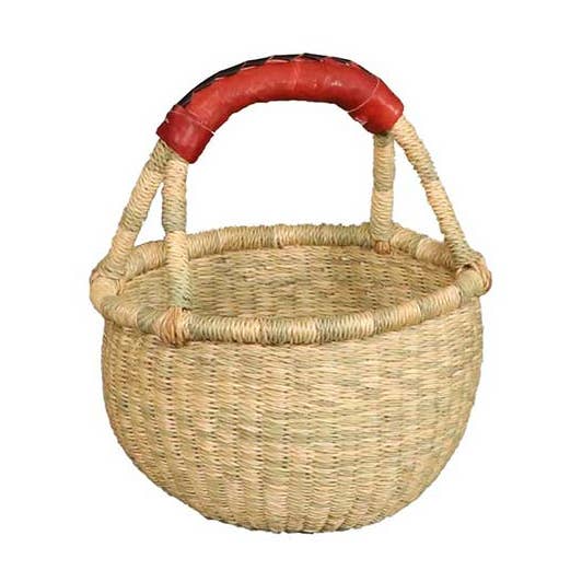 African Market Baskets - Wholesale Basket - G-149AN: Natural Mini Round Basket w/ Leather Handle - 4 Per0