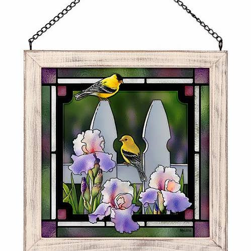 Chardonneret sur un poteau de clôture verre encadré 9"x9" pour la vente par Art Brand Studios