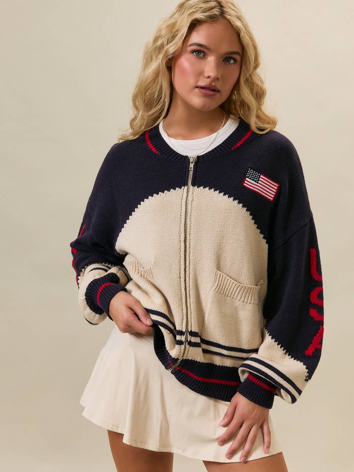 LONG SLEEVE "USA FLAG" SWEATER JACKET for wholesale by LE LIS