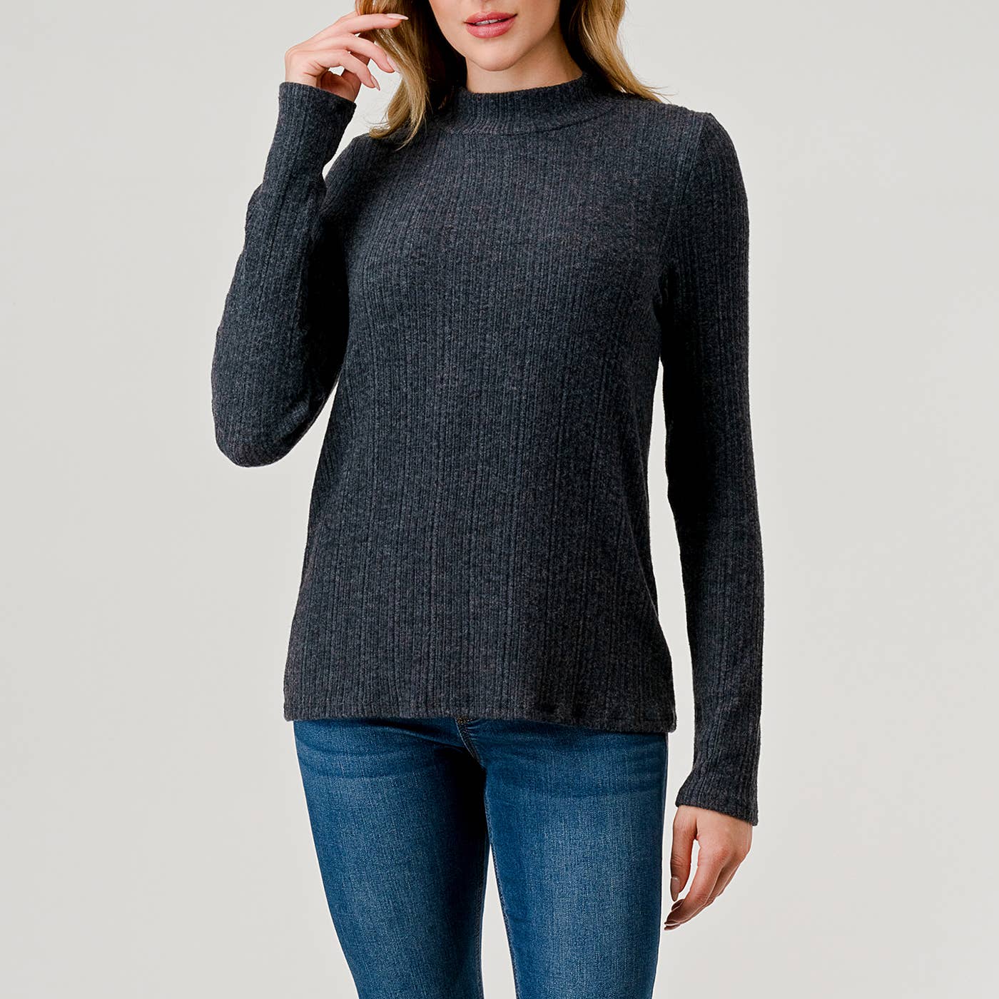 Heimious - Vente Haut en maille – femme - Haut en tricot côtelé brossé à manches longues et col montant, coupe décontractée, T7642