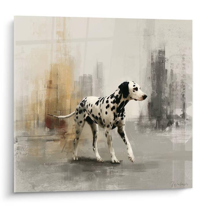 Tabla Dálmata con Manchas Negras sobre Fondo Urbano Abstracto - Elegancia Manchada - Edición Dálmata para venta al por mayor de Walensky