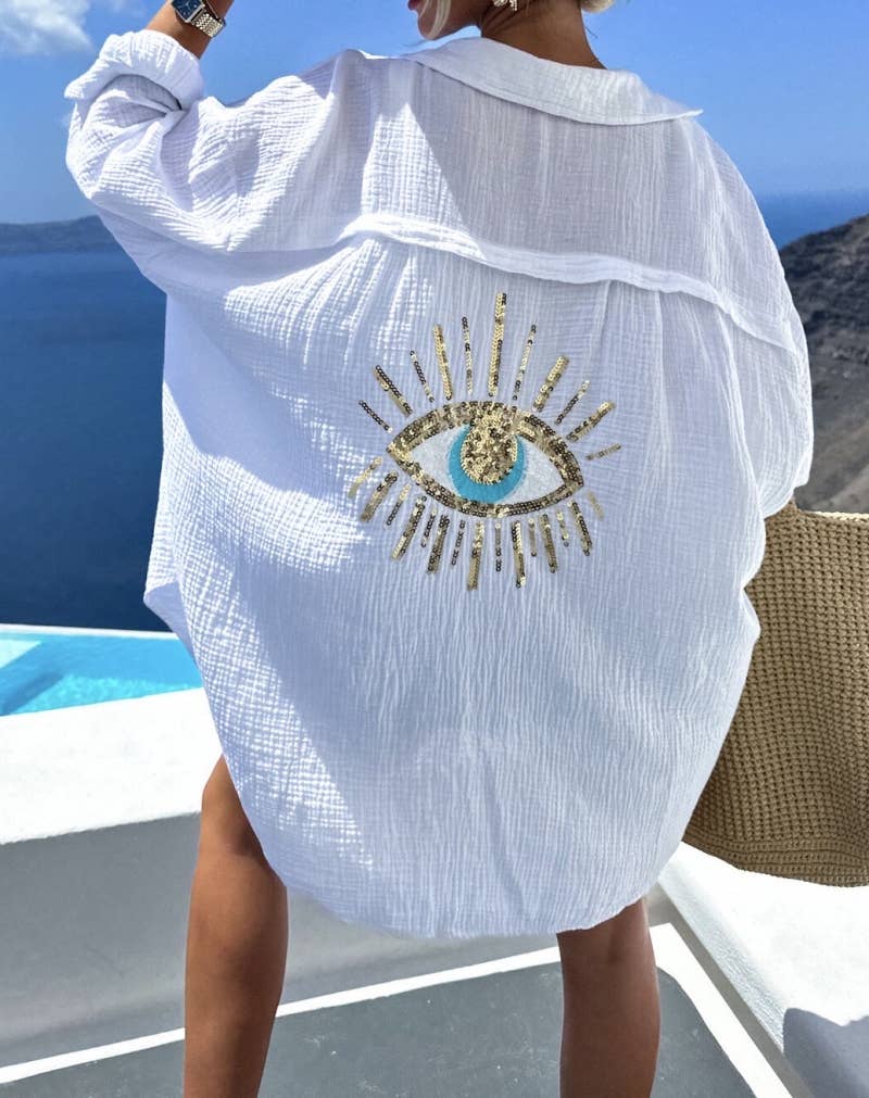 ESTEE BROWN – wholesale Tröja med knappar – Dam – Bomullsgasskjorta med ögonmönster - 66223