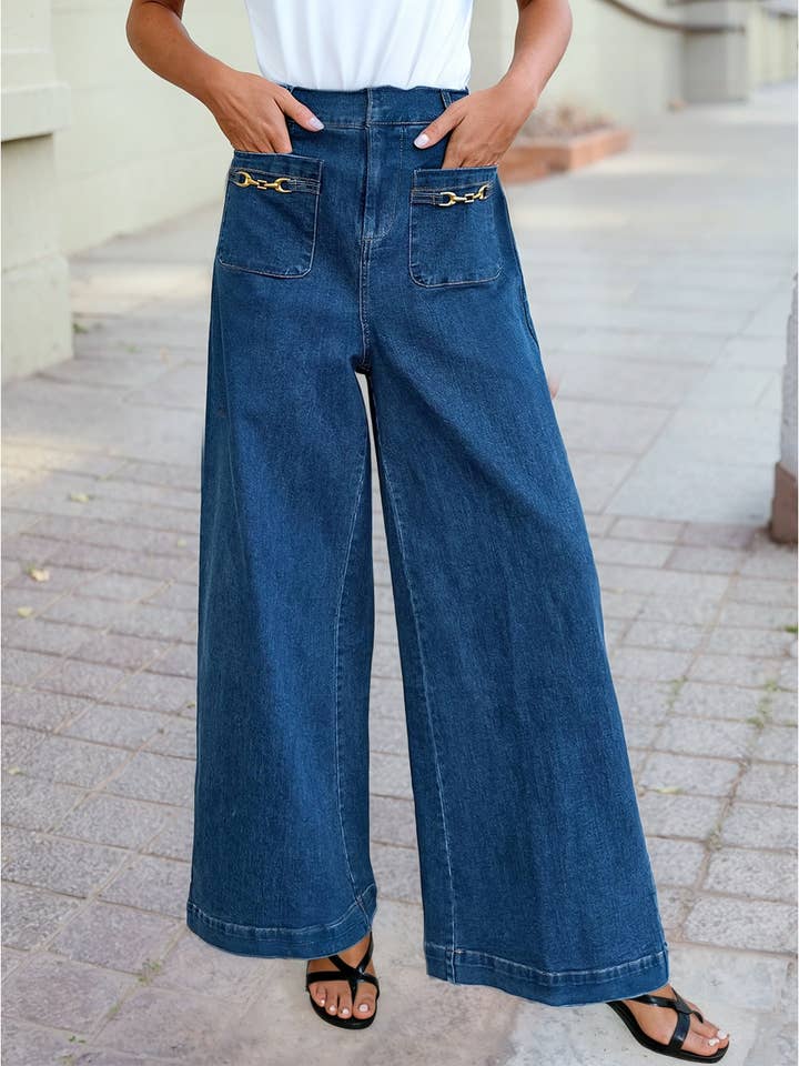 Pantalon en denim à jambes larges avec poches plaquées décoratives pour la vente par 1 the Woman
