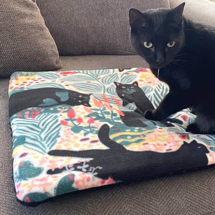 Handmade Pet Bed/Mat Black Cat Floral Print for wholesale by Screaming Pickles