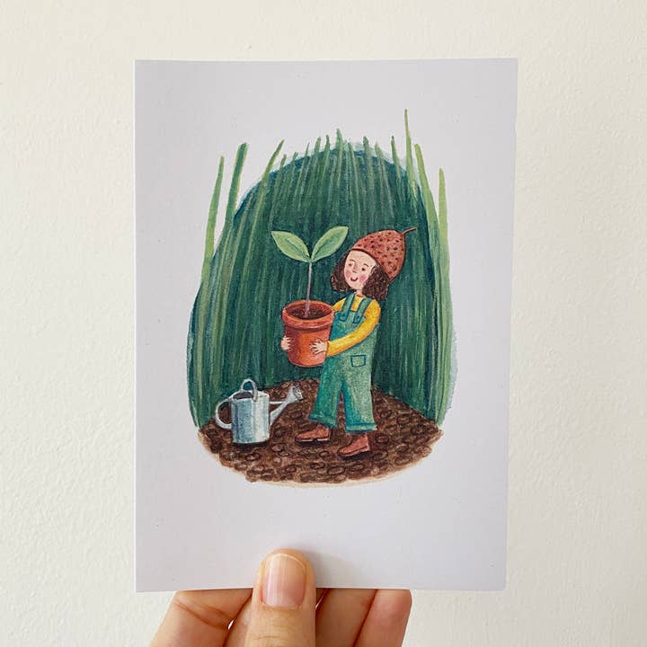Planting Seedlings, A6 greetings card for wholesale by Juliet Thomas Doodles