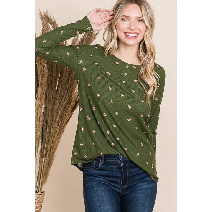 LONG Sleeve TINY FLORAL PRINT Henley shirt for wholesale by Reborn J