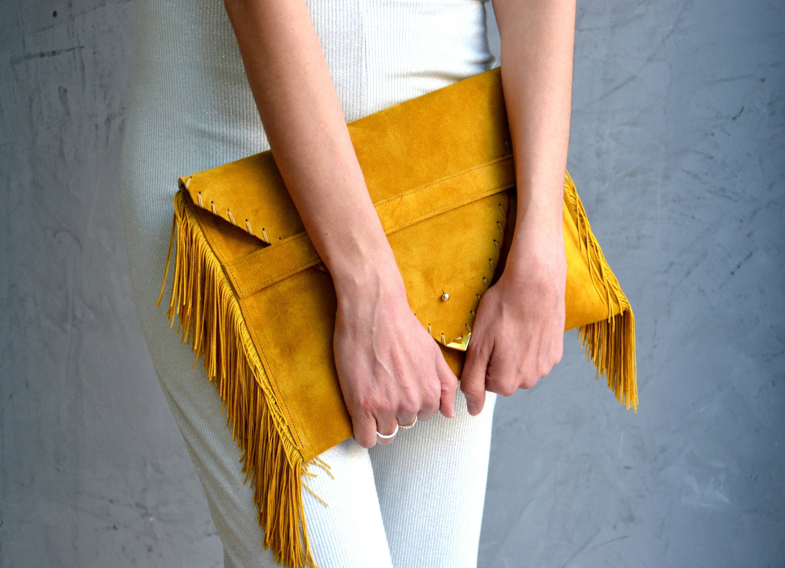 ANA KOUTSI - Wholesale Clutch Bag - Women's - Medusa Clutch in mustard with silk fringes2