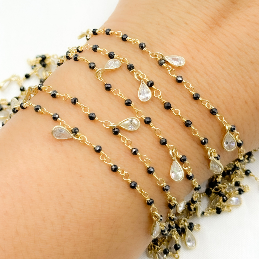 Tresor Jewelry Inc. - Wholesale Link & Chain Necklace - Coated Black Spinel & CZ Dangle Gold Plated Wire Chain. CBS190