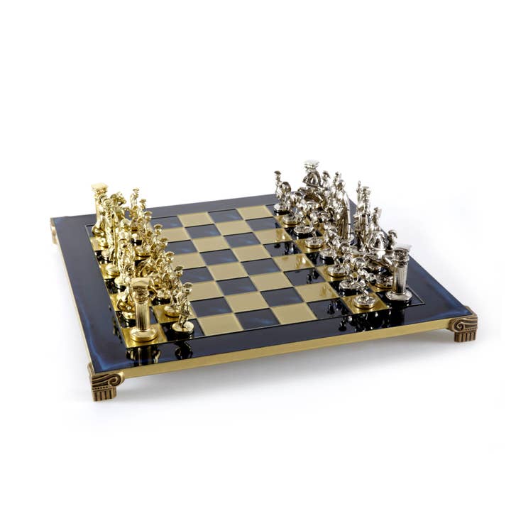 Cardshouse - Wholesale Board Game - Greek Roman Period Metal Chess Set With 44Cm Blue Wooden Che