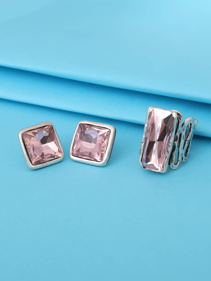 Conjunto de anéis de cristal rosa tamanho livre e brincos quadrados por atacado de AVENS