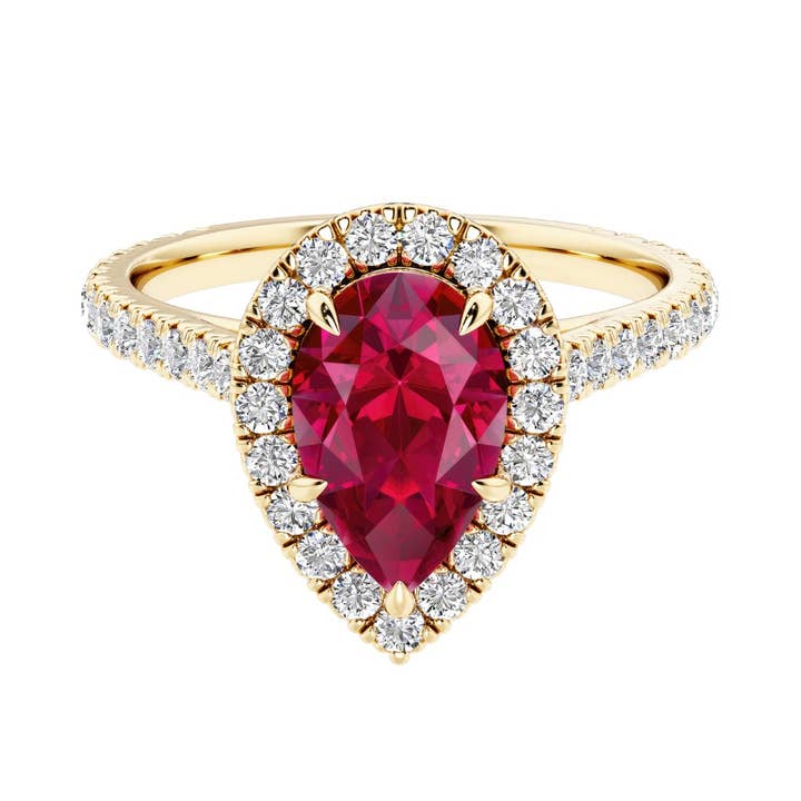 14k Gold 2,50 ct Birnenform Rubin & Diamant Halo Ring für den Großhandel von DV Custom Jewelry USA