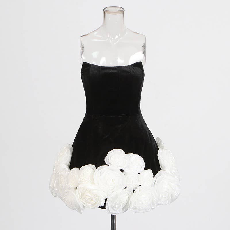 Black DR439 Style Tube Top Dress with 3D Floral Hemline for Women for wholesale on Faire1